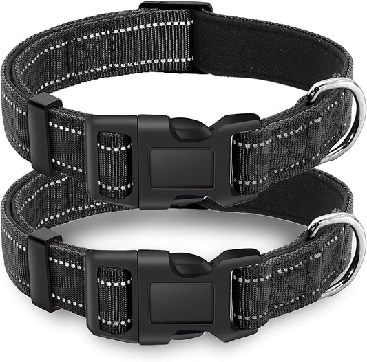 2 Pack Reflective Dog Collar with Safety Locking Buckle, Adjustable Soft Breathable Comfortable Nylon Pet Collar for Small, Medium and Large Dogs, Black, XL