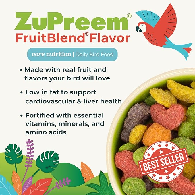ZuPreem FruitBlend Bird Pellets, Daily Bird Food for Parrot, Conure, Caique, African Grey, Eclectus, Small Cockatoo, Core Nutrition for Medium Large Birds, Parrot Food (ML, 3.5 lbs)