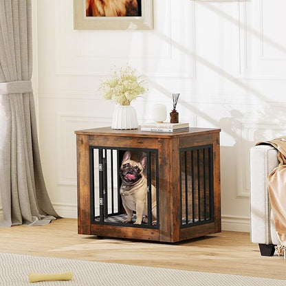 YITAHOME 27.2" L Dog Crate Furniture for Medium Dogs, 2-in-1 Iron-Wood Fusion Dog cage Indoor up to 30 lb, Side End Table, Modern Dogs Kennel with Waterproof Top, Safety Corners,Steel Lock,Rustic