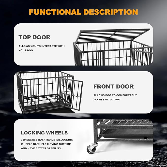 42 inch Heavy Duty Dog Crate with Lockable Wheels, Escape Proof Dog Crate cage Kennel for Large Dogs, High Anxiety Indestructible Dog cage, Double Door and Removable Tray
