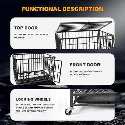42 inch Heavy Duty Dog Crate with Lockable Wheels, Escape Proof Dog Crate cage Kennel for Large Dogs, High Anxiety Indestructible Dog cage, Double Door and Removable Tray