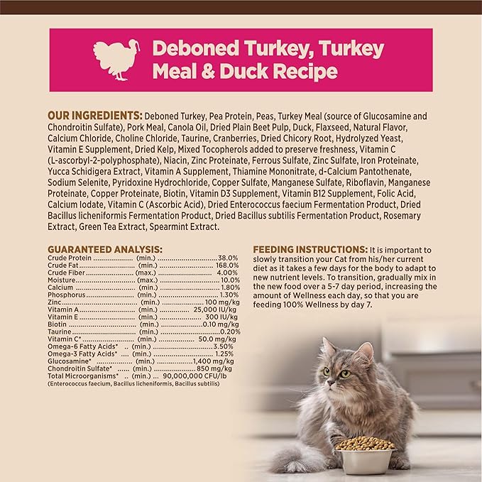 Wellness CORE Adult Dry Cat Food for Indoor & Outdoor Cats, Grain-Free, Natural, Turkey, Turkey Meal and Duck (11 Pound Bag)