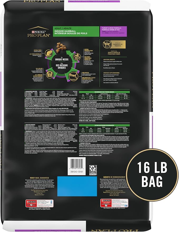 Purina Pro Plan Hairball Management, Indoor Cat Food, Turkey and Rice Formula - 16 lb. Bag