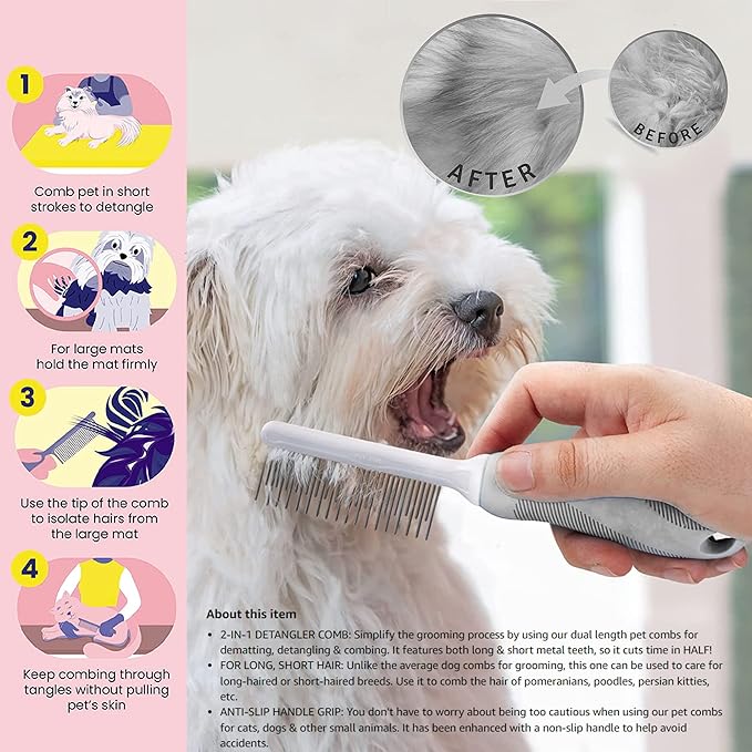 SKYPIA Dog & Cat Combs For Home Grooming Massage Kit  2-IN-1 Detangler Brush with Massaging Shell Comb For Long & Curly Hair, Removes Knots, Mats and Tangles Pet Hair Remover Soft Dematting and Deshedding For Dog Puppy Rabbit (Blue, 2 Pcs)