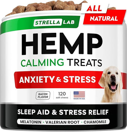 STRELLALAB Vet Formulated Hemp Calming Chews for Dogs - Anxiety Relief Calming Treats - Advanced Melatonin Pet Calm - Natural Sleep Aid & Stress, Separation Anxiety Relief - 120 Treats - Bacon
