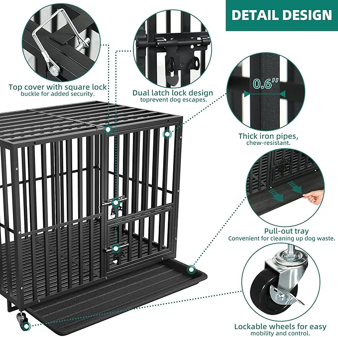 YITAHOME Heavy Duty Indestructible Dog Crate, 37 inch Escape Proof Dog Cage Kennel with Lockable Wheels, High Anxiety Dog Crate, Large Crate Indoor for Small Dog with Removable Tray