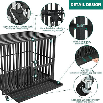 YITAHOME Heavy Duty Indestructible Dog Crate, 37 inch Escape Proof Dog Cage Kennel with Lockable Wheels, High Anxiety Dog Crate, Large Crate Indoor for Small Dog with Removable Tray