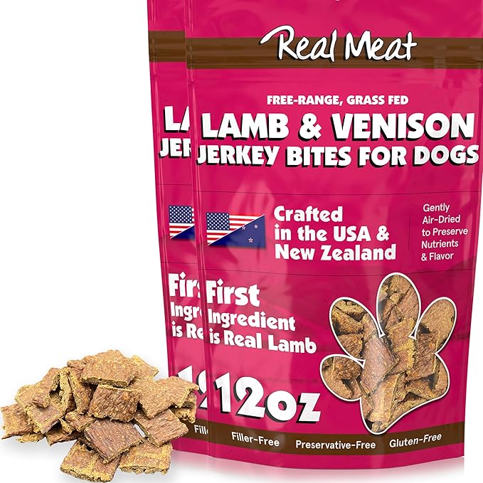 Real Meat Dog Treats - Two 12oz Bag of Bite-Sized Air-Dried Lamb & Venison Jerky for Dogs - Grain-Free Jerky Dog Treats with 95% All-Natural, Human-Grade, Free-Range, Grass Fed Lamb & Venison