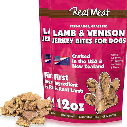 Real Meat Dog Treats - Two 12oz Bag of Bite-Sized Air-Dried Lamb & Venison Jerky for Dogs - Grain-Free Jerky Dog Treats with 95% All-Natural, Human-Grade, Free-Range, Grass Fed Lamb & Venison