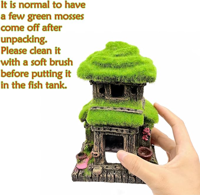 M2cbridge Aquarium Decorations Fish Hideout House Betta Cave with Green Lifelike Moss (Style 3)