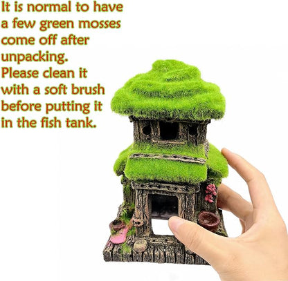 M2cbridge Aquarium Decorations Fish Hideout House Betta Cave with Green Lifelike Moss (Style 3)