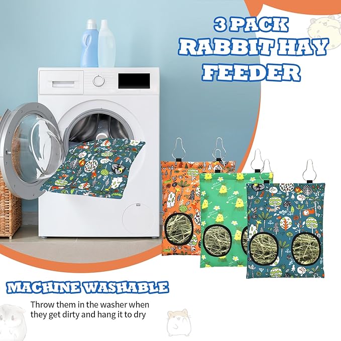 3 Pcs Rabbit Hay Feeder Bag, 2-Hole Hanging Hay Feeder Guinea Pig Hay Bags Washable Bunny Hay Bag for Rabbits Chinchillas Hamsters Small Pets and Animal (11.8"×8.7")
