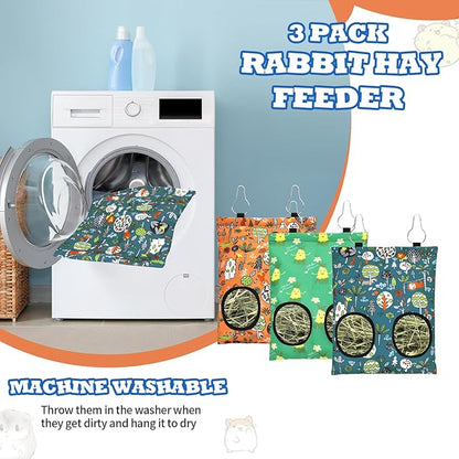 3 Pcs Rabbit Hay Feeder Bag, 2-Hole Hanging Hay Feeder Guinea Pig Hay Bags Washable Bunny Hay Bag for Rabbits Chinchillas Hamsters Small Pets and Animal (11.8"×8.7")