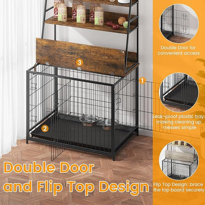 IDEALHOUSE Dog Crate Furniture,Flip-up Top Pet Crate Furniture,Indoor End Table Dog Cage with 3-Layer Storage Shelves,Dog Crates for Medium Dogs,Dog Kennel Furniture with Adjustable Bowls,Brown