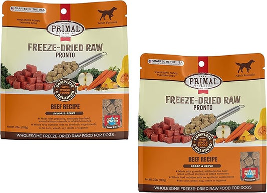 Primal Freeze Dried Dog Food Pronto, Beef; Scoop & Serve, Complete & Balanced Meal; Also Use as Topper or Treat; Premium, Healthy, Grain Free High Protein Raw Dog Food (25 oz, 2-Pack)