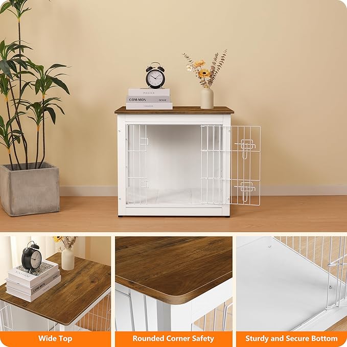 DWANTON Dog Crate Furniture with Cushion, Wooden Dog Crate with Double Doors, Dog Furniture, Dog Kennel Indoor for Small Dogï¼_nd Table, 27.2" L, White+Warm Brown