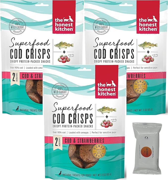 Aurora Pet Bundle Pack (3) Superfood Cod Crisps Cod & Strawberry Dog Treats with AuroraPet Wipes