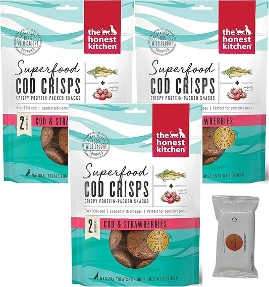 Aurora Pet Bundle Pack (3) Superfood Cod Crisps Cod & Strawberry Dog Treats with AuroraPet Wipes