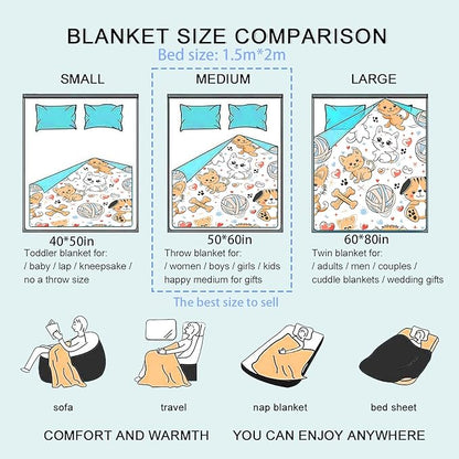 Cute Cat Flannel Blanket, Cartoon Kitten with Yarn Ball Paw Print and Heart Throw Blankets Lightweight Soft Cozy for Chair Bed Sofa Camping Travel, Home Decor, Gifts for Cat Lovers, 50x60in