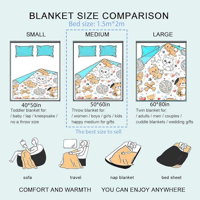 Cute Cat Flannel Blanket Cartoon Yarn Ball Bones Heart Paw Print Throw Blankets Lightweight Soft for Party Chair Bed Sofa Camping Travel,Home Farm Decor,Gifts Kids,50x40in