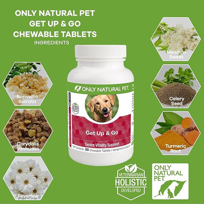 Only Natural Pet Get Up & Go Herbal Joint Support Supplement for Dogs - Holistically Formulated with Corydalis & Turmeric Hip & Joint Daily Vitamin for Senior Dog - Turkey Flavor - 90 Chewable Tablets