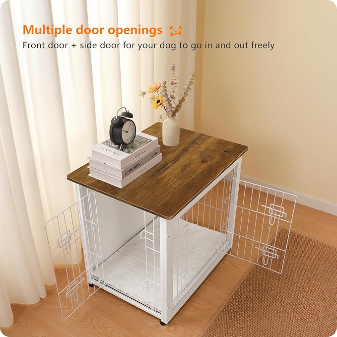 DWANTON Dog Crate Furniture with Cushion, Wooden Dog Crate with Double Doors, Dog Furniture, Dog Kennel Indoor for Small Dogï¼_nd Table, 27.2" L, White+Warm Brown