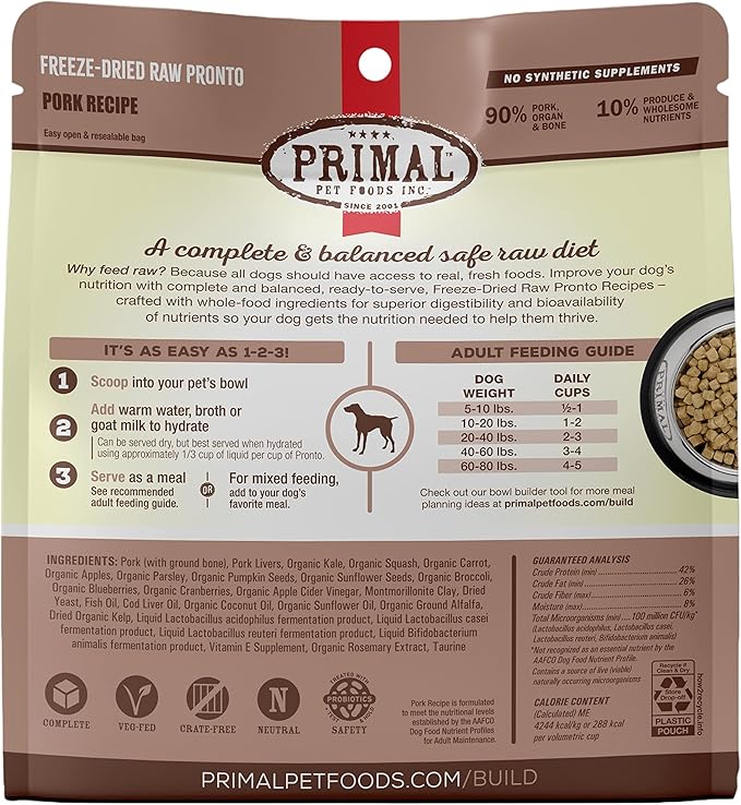 Primal Freeze Dried Dog Food Pronto, Pork; Scoop & Serve, Complete & Balanced Meal; Also Use As Topper or Treat; Premium, Healthy, Grain Free, High Protein Raw Dog Food (25 oz, 2-Pack)