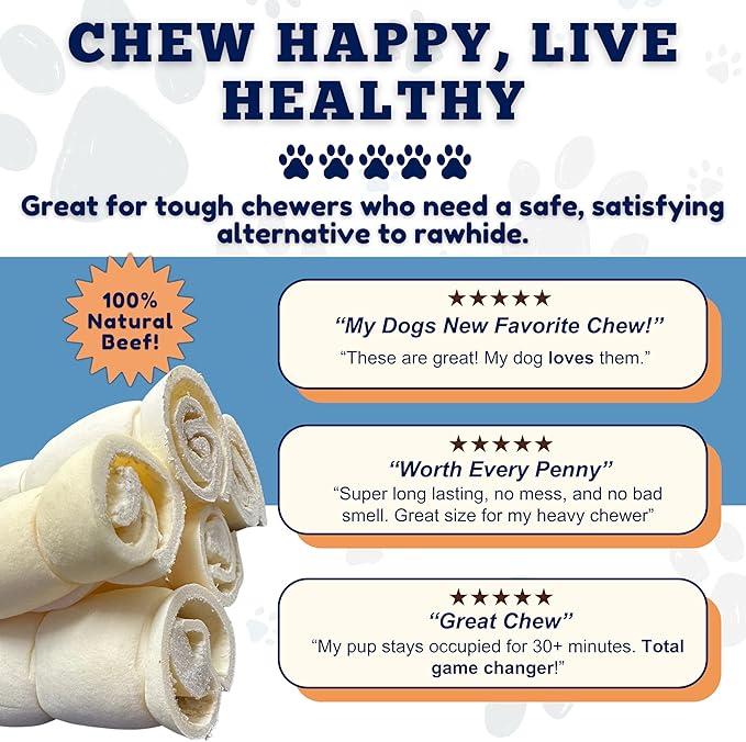 Amazing Dog Treats - Beef Cheek Rolls (Mega Thick 5-6" - 4 Pcs) - Safe Rawhide Alternative Dog Chew - Great for Power Chewers - Long Lasting Dog Chew - Retriever Rolls for Dogs