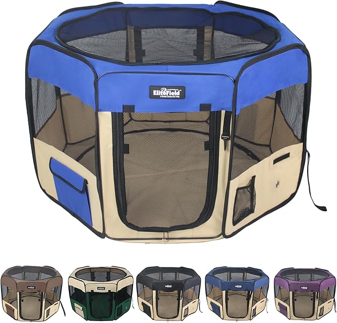 EliteField 2-Door Soft Pet Playpen (2 Year Warranty), Exercise Pen, Multiple Sizes and Colors Available for Dogs, Cats and Other Pets (36" x 36" x 24"H, Royal Blue+Beige)