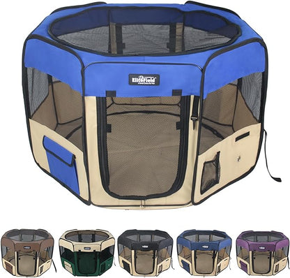 EliteField 2-Door Soft Pet Playpen (2 Year Warranty), Exercise Pen, Multiple Sizes and Colors Available for Dogs, Cats and Other Pets (62" x 62" x 24"H, Royal Blue+Beige)