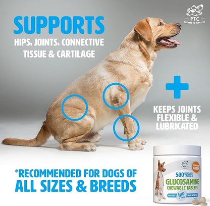 Glucosamine for Dogs with Chondroitin and MSM - Hip and Joint Supplement for Dog Mobility Support and Arthritis Pain Relief - 500 Chewable Tablet Treats by PTC - Profits to Charity