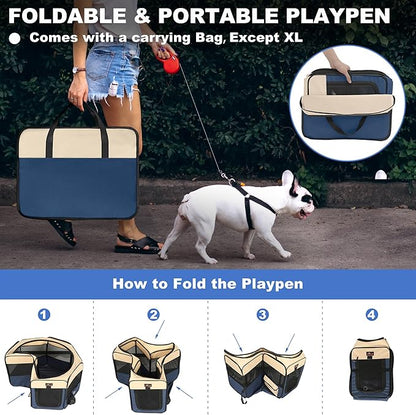 Aivituvin Dog Playpen, Foldable Pet Play Pens with Carrying Bag for Cat, Puppies, Rabbits, Portable Dog Tent Crates Cage for Travel Camping Indoor Outdoor, Removable Shade Cover, Blue L
