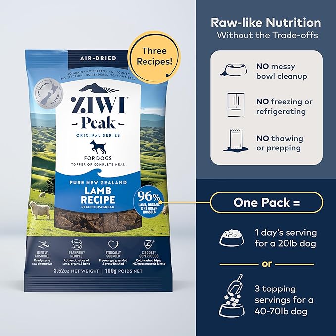ZIWI Peak Air-Dried Dog Food  Lamb - All Natural, High Protein, Grain Free, Limited Ingredient w/Superfoods (3.5oz)