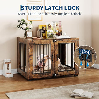 23.6" Dog Crate Furniture - Chew-Resistant Wooden Kennel with Locking Double Doors, Indoor Pet Cage End Table for Small Breeds