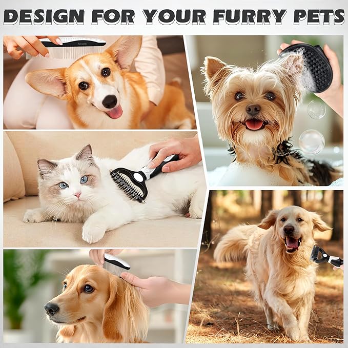 3PCS Dog Grooming Kit I Dog Brush for Shedding I Deshedding Dog Brush I Metal Dog Comb I Dog Bath Brush I Undercoat Rake for Dogs and Cats I Premium Pet Supplies (White Black)