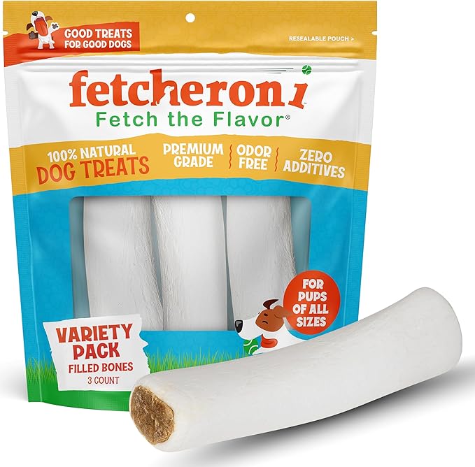 Variety Pack Stuffed Dog Bones (Flavors: Bacon & Cheese, Peanut Butter, and Beef) - 5-6 Inch Long Dog Treats - Natural Stuffed Dental Dog Bone Treats for Dogs - 3 Pack