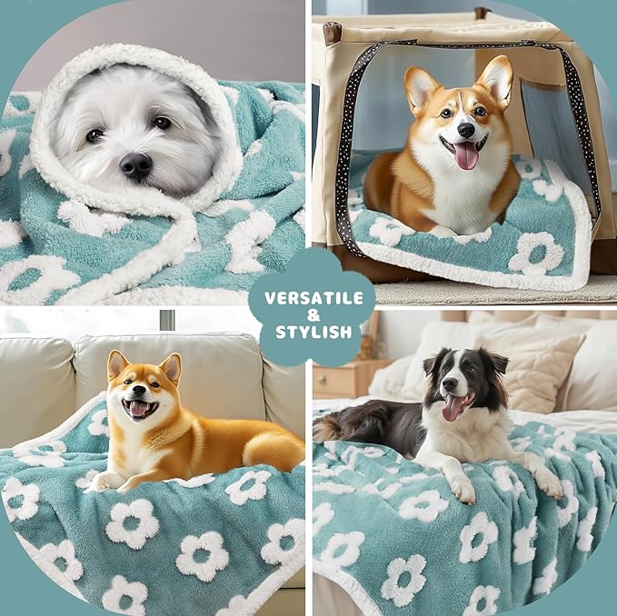 Luciphia Waterproof Dog Cat Blanket Fluffy Thick Fleece Pet Blanket,Washable Double Sided Sherpa Calming Blankets Flower Print Blankets for Medium Large Dogs Cats(Blue,67x57 inches)