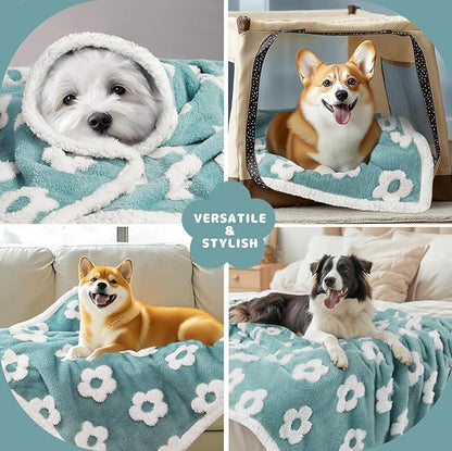Luciphia Waterproof Dog Cat Blanket Fluffy Thick Fleece Pet Blanket,Washable Double Sided Sherpa Calming Blankets Flower Print Blankets for Medium Large Dogs Cats(Blue,67x57 inches)