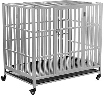 37" 42" 48" Heavy Duty Dog cage Stainless Steel Metal Kennel and Crate, Collapsible for Medium to Large Dogs, Easy to Assemble pet Pen with Four Lockable Wheels, Black Tray (37in)