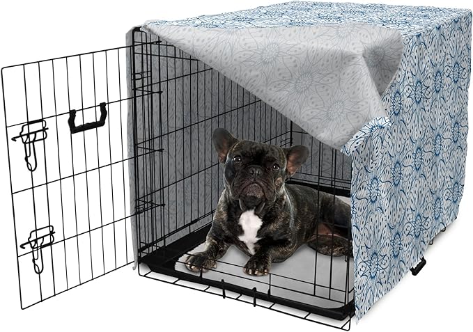 Ambesonne Blue and White Dog Crate Cover, Dutch Tile Design with Large Flowers and Detailed Petals Antique Ethnic, Easy to Use Pet Kennel Cover for Cats & Medium Dogs, 24 Inch, White Blue