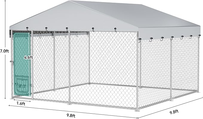 DWVO 10'x10' Large Outdoor Dog Kennel with Rotating Feeder Bowls, Outdoor Dog Pens with Roof, Heavy Duty Dog Cage for Large Dogs