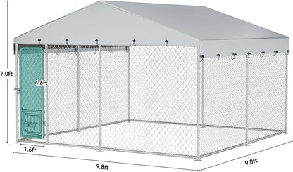 DWVO 10'x10' Large Outdoor Dog Kennel with Rotating Feeder Bowls, Outdoor Dog Pens with Roof, Heavy Duty Dog Cage for Large Dogs