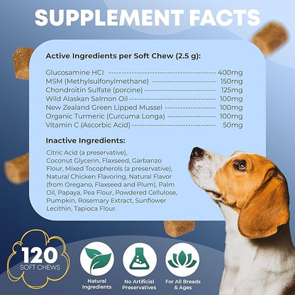 Hip and Joint Supplement for Dogs 120 Dog Chews - Advanced Glucosamine for Dogs - Chicken Flavor Hip and Joint Chews for Dogs - Dog Pain Relief Supplement - Perfect for Small to Medium and Large Breed