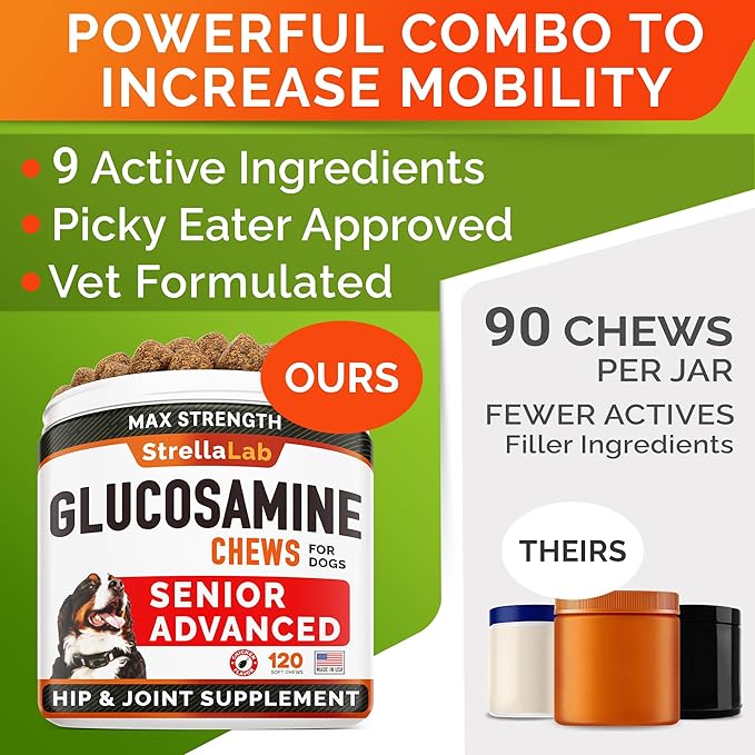 Senior Advanced Glucosamine Chondroitin Joint Supplement for Dogs - Hip & Joint Pain Relief Pills - Large & Small Breed - Hip Joint Chews Canine Joint Health - Chews Older Dogs - Chicken Flavor-120Ct