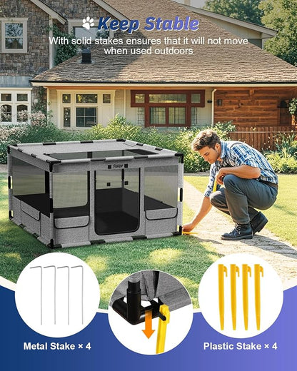 Dog Playpen, 43x43x26 Inches Puppy Playpen Portable Pet Play Pen Indoors with Cover and Gate, Tear Resistant Thickened Fabric Waterproof Bottom Breathable Mesh Dog Fence for Indoor&Outdoor, Gray Black