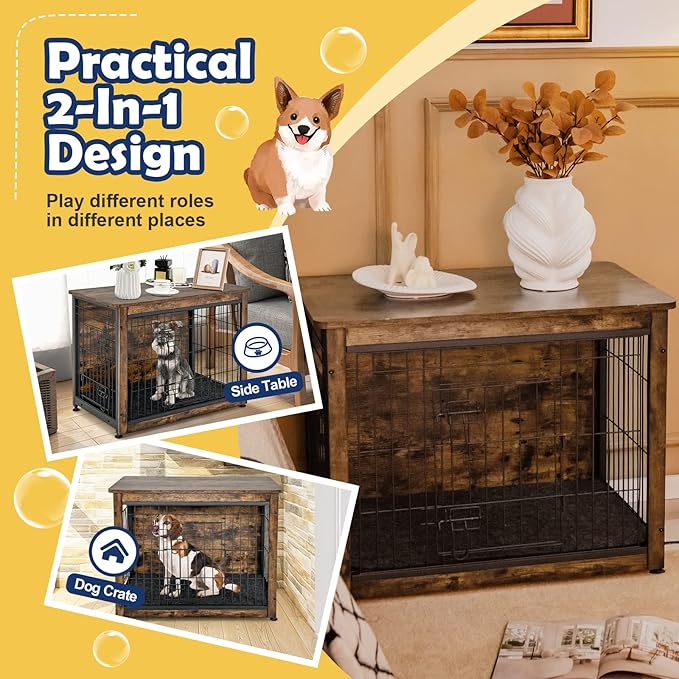 Tangkula Dog Crate Furniture with Removable Tray/Felt Mat, Wood Dog Cage End Table for Small & Medium Dogs, Industrial Double Doors Chew-Proof Dog House Dog Kennel Indoor