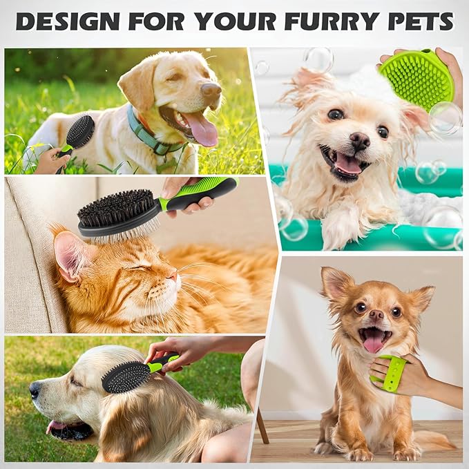 2PCS Dog Grooming Tools - Double-Sided Bath Brush for Shedding and Bathing, Suitable for Short/Long Haired Dogs, Premium Pet Supplies (Black Green)