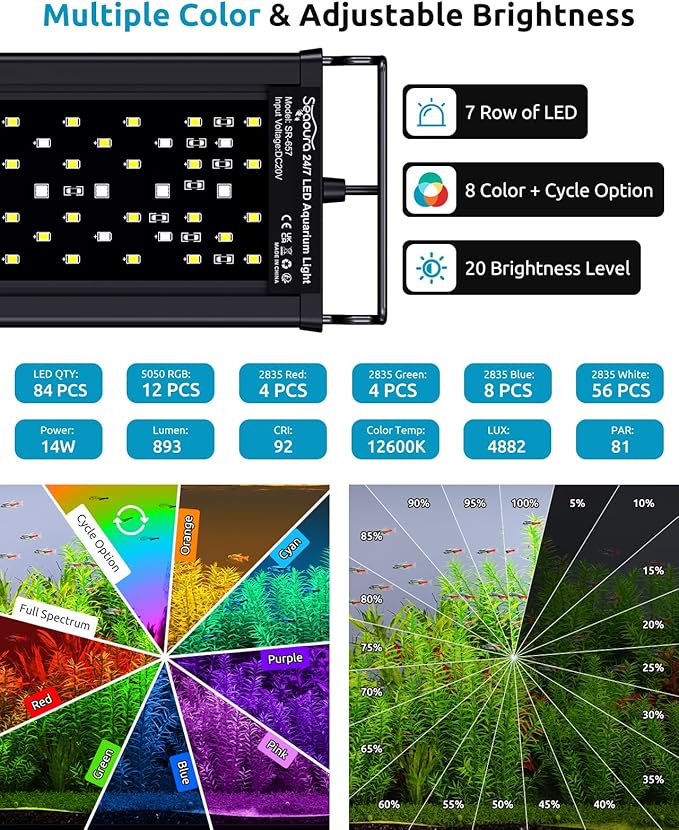 SEAOURA LED Aquarium Light, 24/7 Custom Timer, Power-Off Memory,7-Row LED 12-18in Full Spectrum Fish Tank Light, 8 Colors, 20 Brightness, Day&Night Cycle, Adjustable Mount for Freshwater Plant Growth