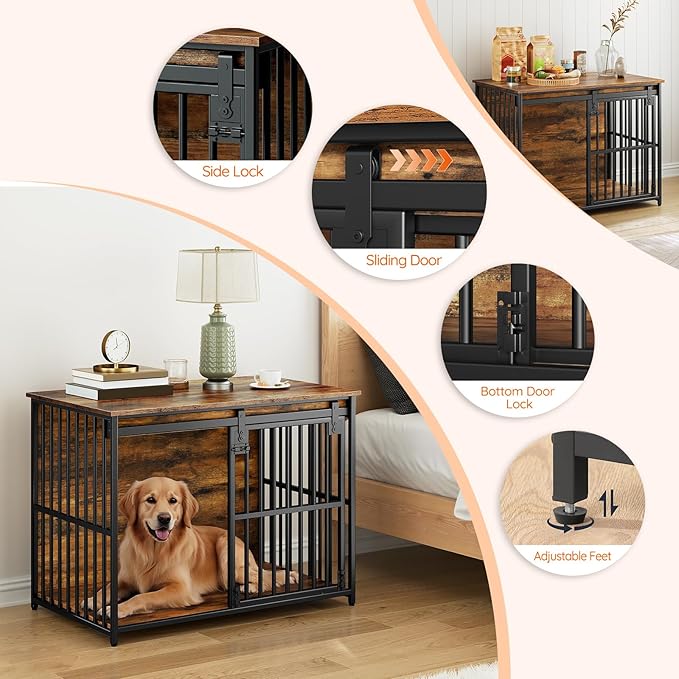 HOOBRO Dog Crate Furniture, 36.6'' Heavy Duty Dog Kennel with Sliding Barn Door, Decorative Dog Crate Indoor, End Side Table for Small/Medium Dog, Rustic Brown and Black BF162GW03G1