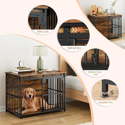 HOOBRO Dog Crate Furniture, 36.6'' Heavy Duty Dog Kennel with Sliding Barn Door, Decorative Dog Crate Indoor, End Side Table for Small/Medium Dog, Rustic Brown and Black BF162GW03G1